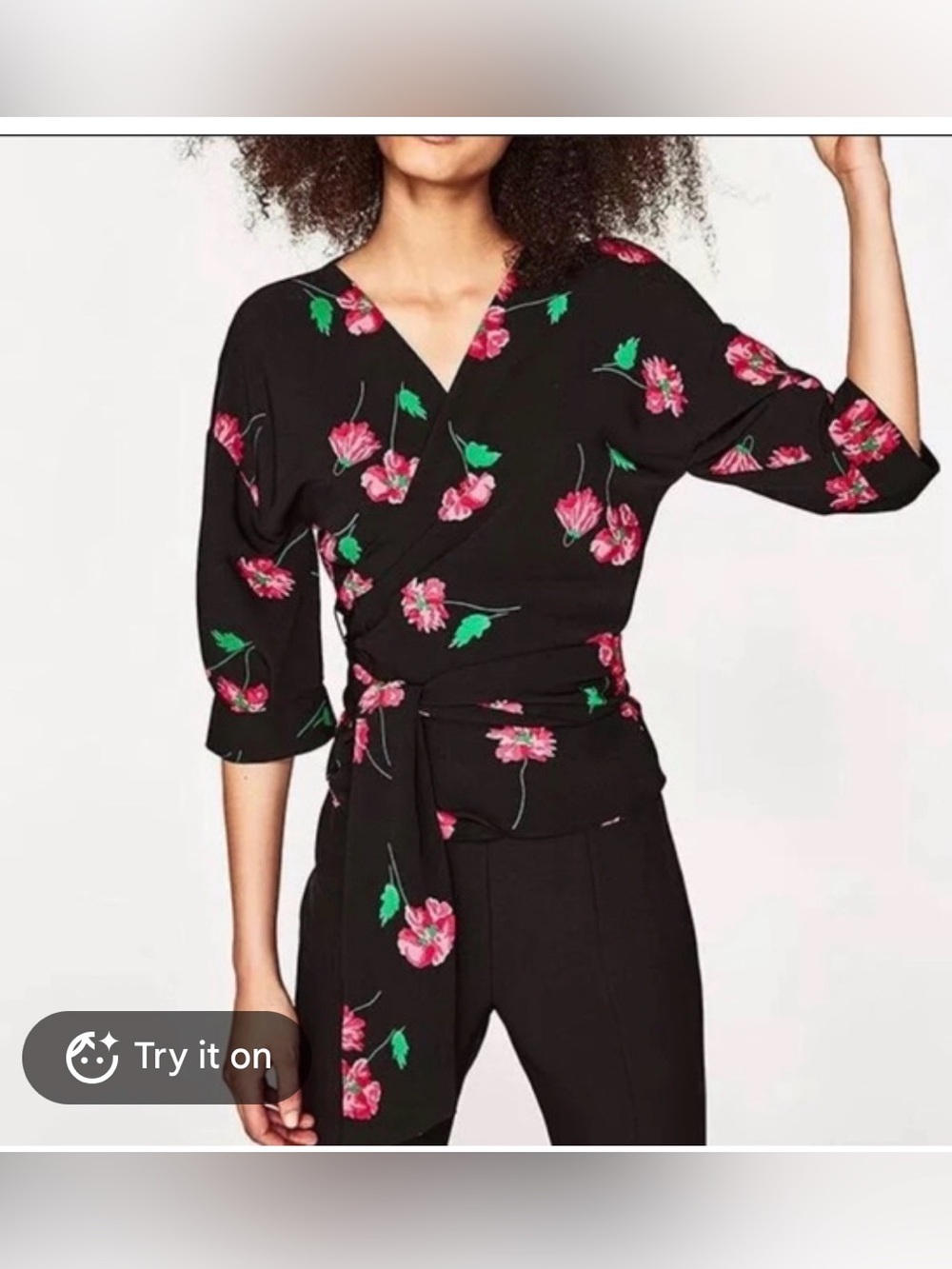Zara Black Floral Wrap Blouse with Tie Waist